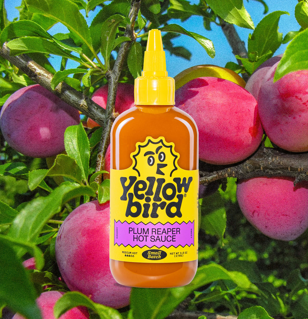 Yellowbird Plum Reaper Hot Sauce 9.8 oz. with ingredients
