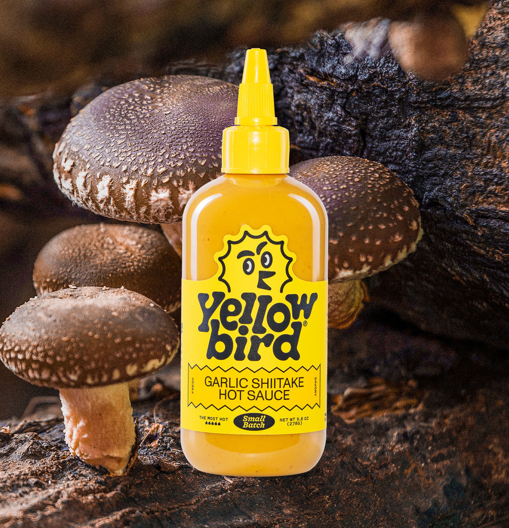 Yellowbird Garlic Shiitake Hot Sauce 9.8 oz. with ingredients