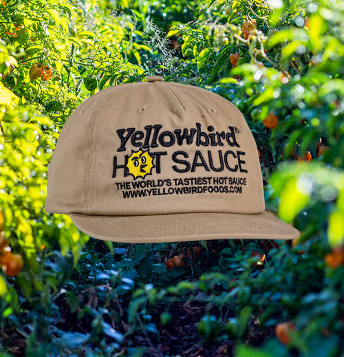 Yellowbird Hot Sauce Embroidered Khaki Surf Hat with pepper farm in the background