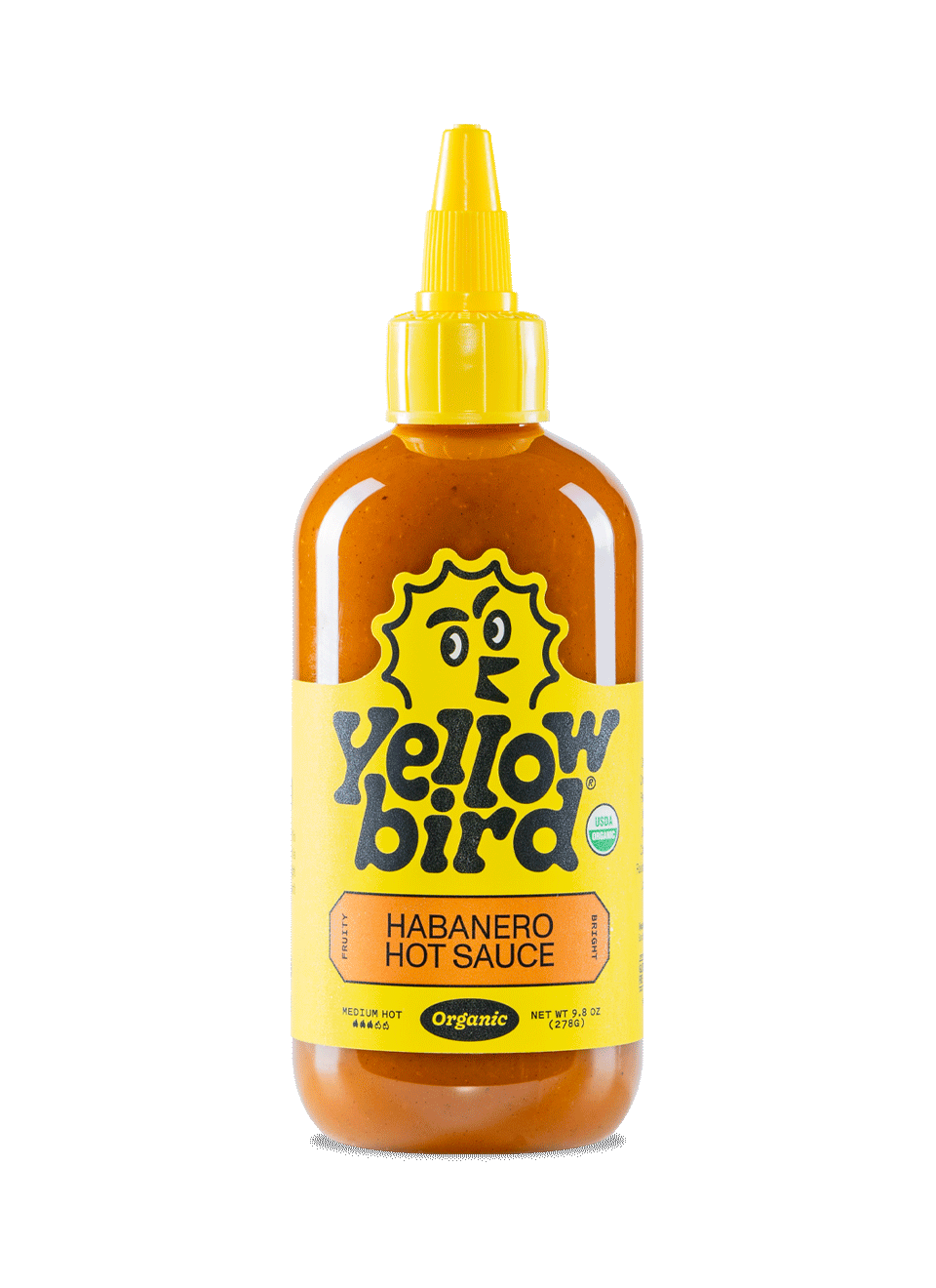 A 9.8 ounce bottle of Yellowbird habanero hot sauce