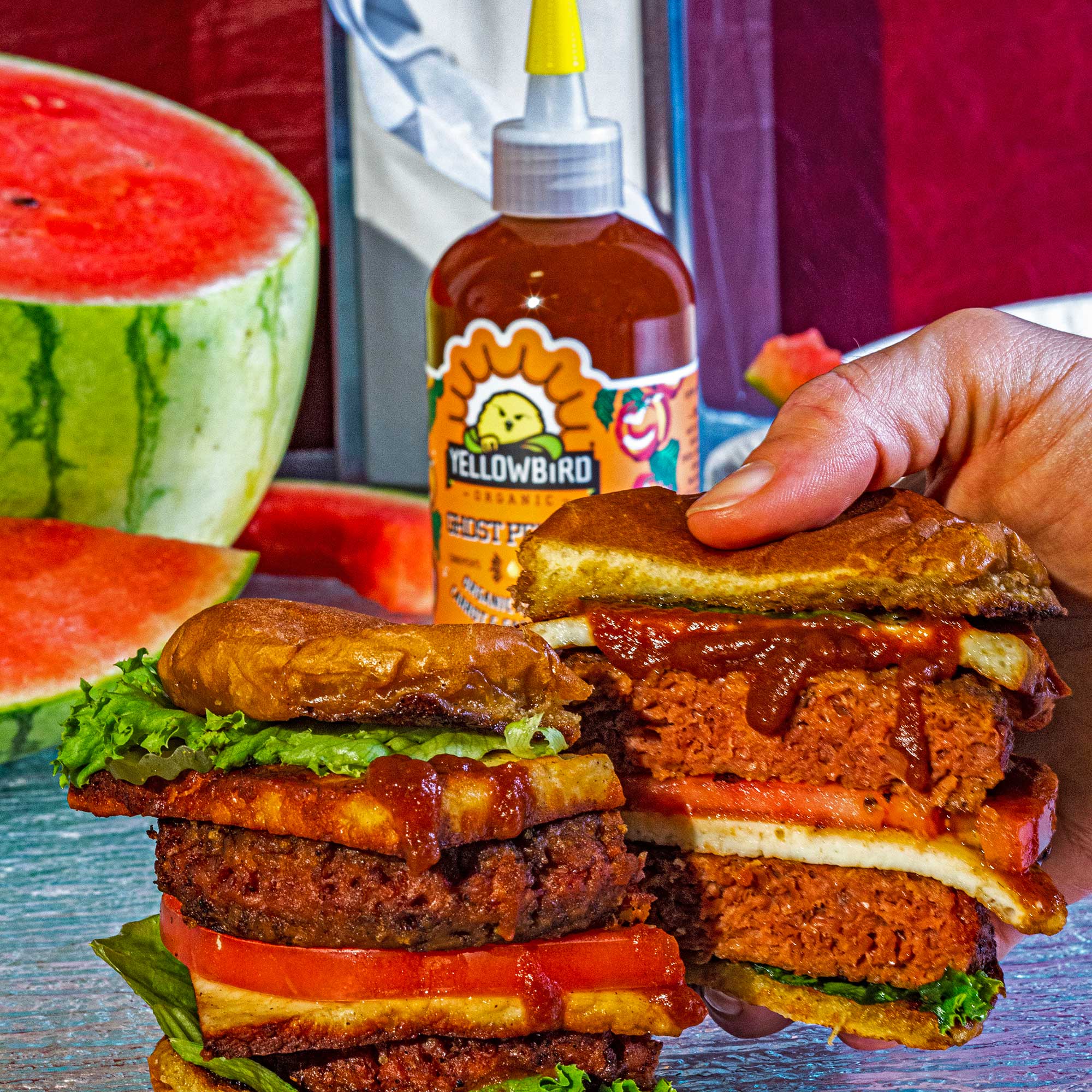 Yellowbird Organic Ghost Pepper Hot Sauce on an Impossible vegan burger